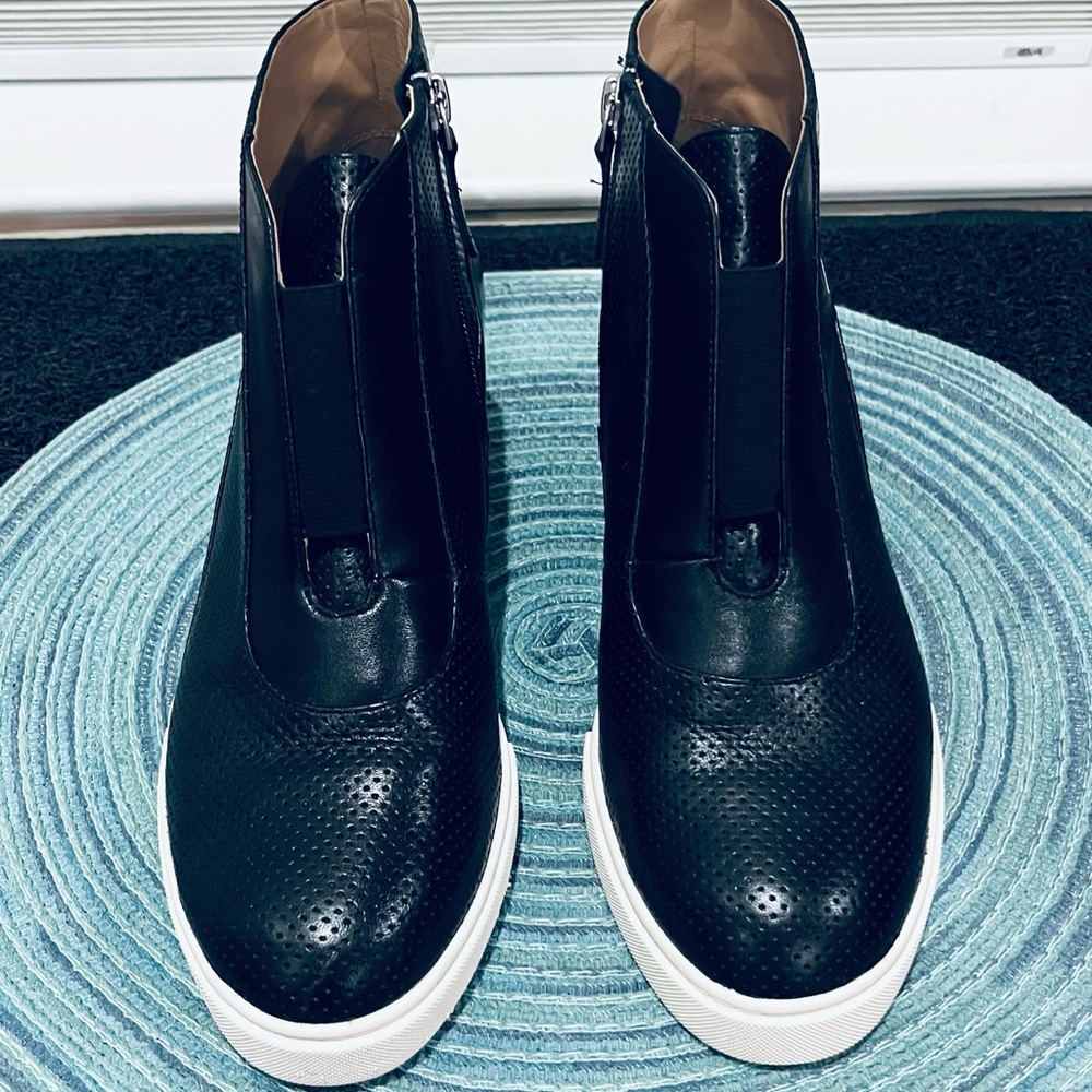 Black Perforated Leather Ankle Booties with White Sole